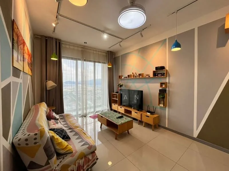 Living features: sofa with colorful geometric pattern, coffee table with green top, wall-mounted TV, wooden TV console, decorative wall shelves, floor-to-ceiling windows, curtains, recessed lighting, pendant lights in multiple colors, painted accent wall with geometric design, glossy tile flooring, decorative items on shelves; style: modern; view: city.