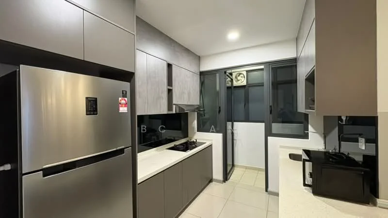 Kitchen features: stainless-steel fridge, built-in oven, 4-burner gas hob, stainless-steel range hood, white quartz countertop, grey cabinetry, glass window, tile flooring, microwave, kitchen sink, cabinetry with flat-panel design; style: modern.