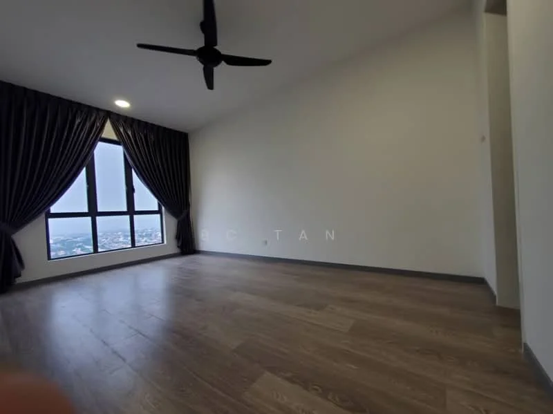 Room features: wooden flooring, white painted walls, 5-blade ceiling fan, floor-to-ceiling windows, blackout curtains, city view; style: modern; view: city.