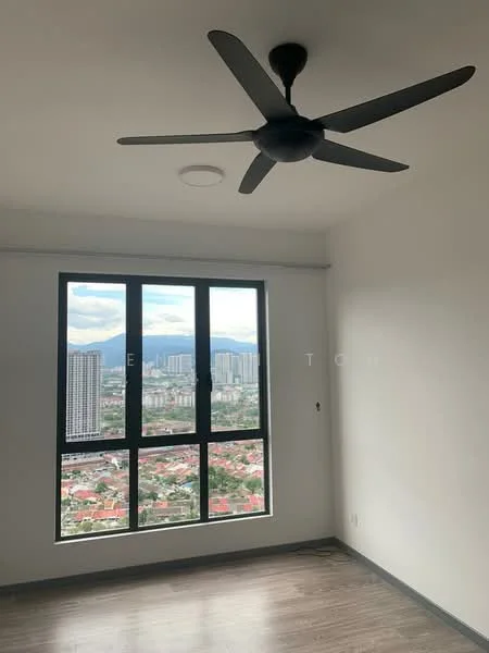 Room features: 5-blade ceiling fan in black, floor-to-ceiling windows, city view, light-colored painted walls, laminate flooring, recessed ceiling light, no visible furniture; style: modern; view: city.