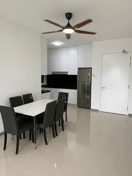 Dining features: 6-seater dining table, black upholstered dining chairs, white tabletop, ceiling fan with 5 blades, recessed downlights, glossy tile flooring, white painted walls, kitchen area visible in background, stainless-steel fridge; style: modern. Kitchen features: white cabinetry, black countertop, built-in oven, stainless-steel range hood, ceramic tile backsplash, kitchen island, recessed lighting; style: modern.