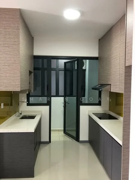 Kitchen features: L-shaped kitchen layout, white quartz countertop, double-bowl stainless-steel sink, chrome pull-down faucet, built-in oven, stainless-steel range hood, dark wood cabinetry, light wood cabinetry, glass window with black frame, tile flooring, recessed ceiling lights; style: modern.