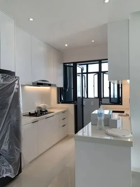 Kitchen features: white cabinetry, marble countertop, stainless-steel sink, chrome pull-down faucet, built-in oven, 4-burner gas hob, recessed LED downlights, floor-to-ceiling windows, open shelving, water bottle on countertop, black refrigerator with protective film; style: modern; view: city.