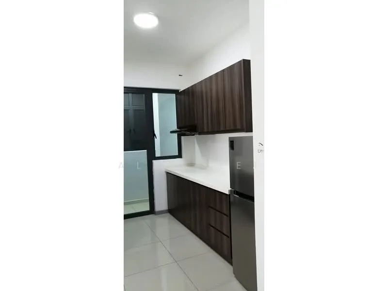 Kitchen features: dark wood cabinetry, white quartz countertop, stainless-steel fridge, built-in range hood, single-bowl stainless-steel sink, chrome pull-down faucet, ceramic tile flooring, wall-mounted cabinets, open shelving, window with view to balcony, recessed ceiling lights; style: modern.