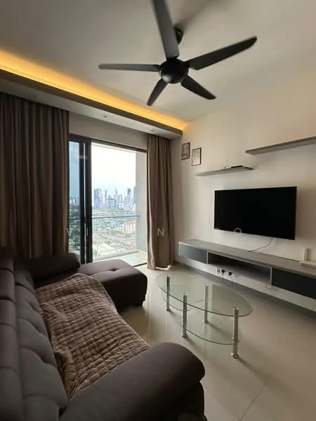 Living features: L-shape sectional sofa in grey, glass coffee table, wall-mounted TV, TV console with storage, floor-to-ceiling windows, curtains, recessed LED downlights, 5-blade ceiling fan with light, neutral wall color, tile flooring; style: modern; view: city.
