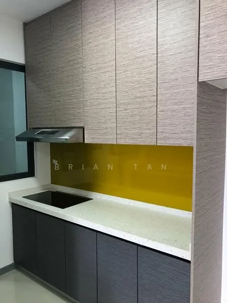 Kitchen features: brown textured cabinetry, white countertop, yellow glass backsplash, stainless-steel range hood, single-bowl sink, built-in stove, under-cabinet lighting, dark lower cabinets, light upper cabinets; style: modern.