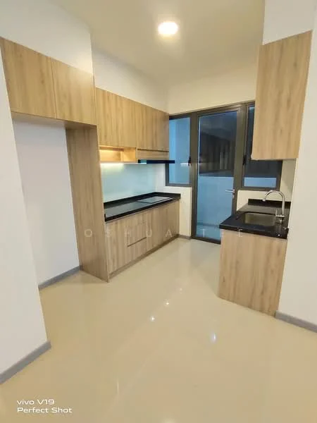 Kitchen features: laminate cabinetry in light wood finish, black granite countertop, single-bowl stainless-steel sink, chrome pull-down faucet, built-in oven, ceramic tile flooring, recessed downlights, floor-to-ceiling windows, white painted walls, open layout; style: modern.