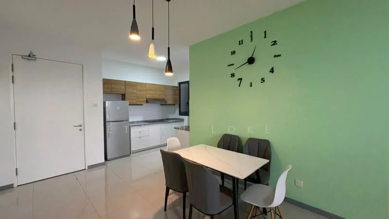 Dining features: marble dining table, 4 upholstered dining chairs in grey, 1 white dining chair, green accent wall, pendant lighting with three bulbs, large wall clock, white painted walls, grey tiled flooring, kitchen cabinetry in wood finish, stainless-steel fridge, built-in oven, countertop with backsplash; style: modern.