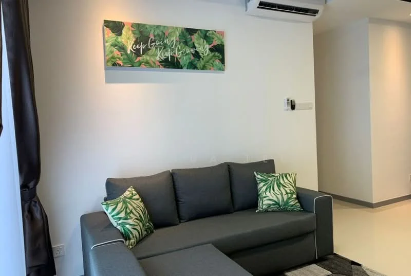 Living features: grey fabric sofa, green tropical print cushions, white painted walls, polished tile flooring, wall-mounted air conditioning unit, decorative wall art with tropical theme, curtains in dark fabric; style: modern.