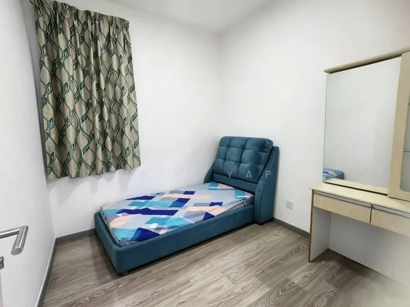 Bedroom features: single bed with blue upholstered frame, multicolored geometric patterned bedspread, wooden flooring, white painted walls, curtains with geometric pattern, dressing table with mirror, built-in wardrobe, wall-mounted mirror; style: modern.