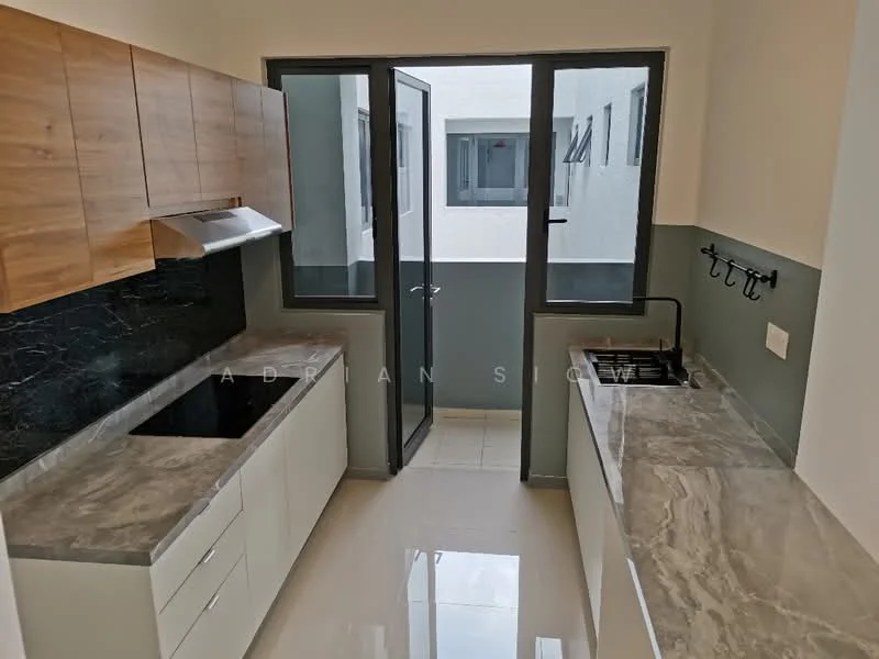 Kitchen features: wood cabinetry, white lower cabinets, black marble countertop, grey marble backsplash, stainless-steel range hood, single-bowl stainless-steel sink, chrome pull-down faucet, floor-to-ceiling windows, sliding glass door, tile flooring, wall-mounted hooks; style: modern.