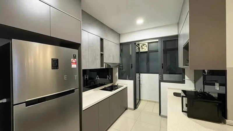 Kitchen features: grey laminate cabinetry, white quartz countertop, stainless-steel fridge, built-in oven, 4-burner gas hob, stainless-steel range hood, black microwave, tile flooring, double-bowl stainless-steel sink, sliding glass door, window with black frames, recessed downlights; style: modern.