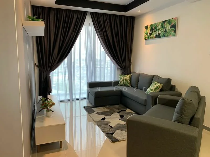 Living features: 3-seater fabric sofa in grey, 2-seater fabric sofa in grey, coffee table, TV console, wall-mounted TV, area rug with geometric pattern, floor-to-ceiling windows, sheer curtains, decorative wall art, recessed downlights, white painted walls, polished tile flooring; style: modern; view: city.