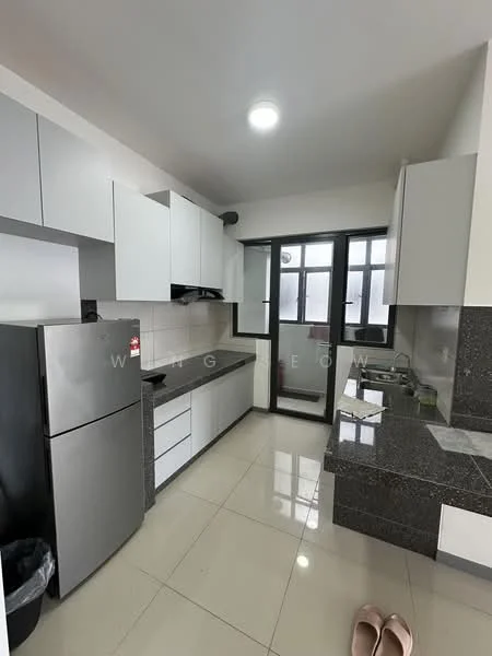 Kitchen features: white shaker cabinets, grey granite countertop, stainless-steel fridge, built-in oven, 4-burner gas hob, single-bowl stainless-steel sink, chrome pull-down faucet, ceramic tile flooring, recessed downlights, floor-to-ceiling windows, sliding glass door, black trash bin; style: modern.