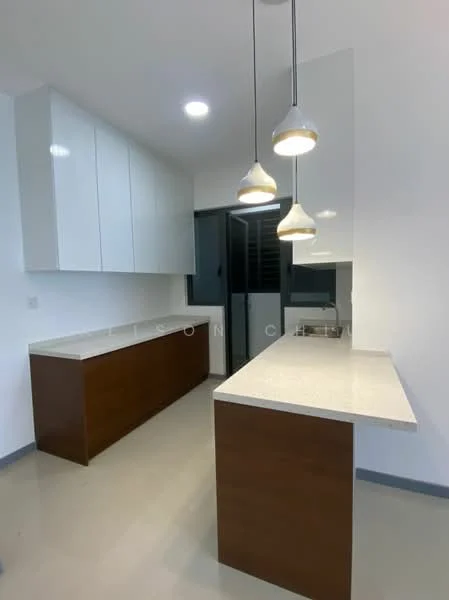 Kitchen features: white cabinetry with flat-panel doors, brown kitchen island, light-colored stone countertop, pendant lighting above the island, single-bowl stainless-steel sink, chrome faucet, open layout, grey tile flooring, large window for natural light; style: modern.