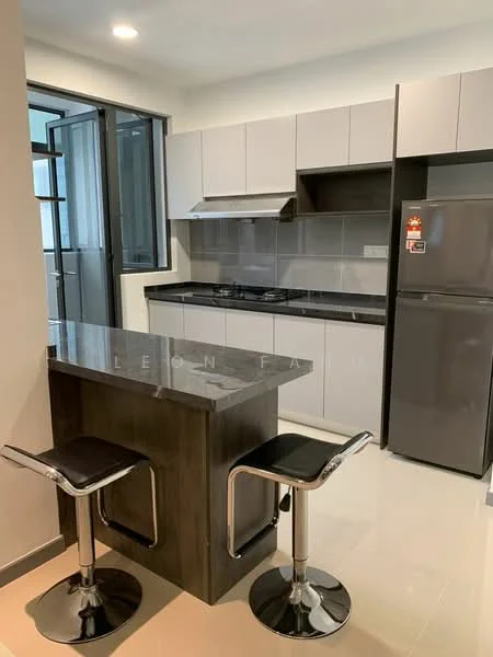 Kitchen features: grey cabinetry, black granite countertop, stainless-steel sink, chrome pull-down faucet, built-in gas stove, exhaust hood, stainless-steel fridge, bar stools, tile backsplash, white walls, ceramic tile flooring, window with glass panels; style: modern.