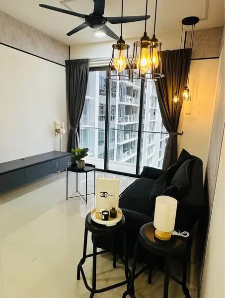 Living features: black fabric sofa, 3 pendant lights with Edison bulbs, ceiling fan with light, floor-to-ceiling windows, grey curtains, light-colored walls with wallpaper, glossy tile flooring, black TV console, decorative plant on side table, two round side tables, decorative items on side tables; style: modern; view: city.