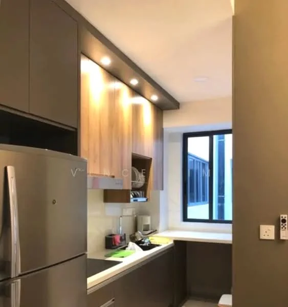 Kitchen features: dark wood cabinetry, stainless-steel refrigerator, black countertop, white backsplash, built-in microwave, sink, under-cabinet lighting, window with view, kitchen island, wall-mounted electrical outlets; style: modern.