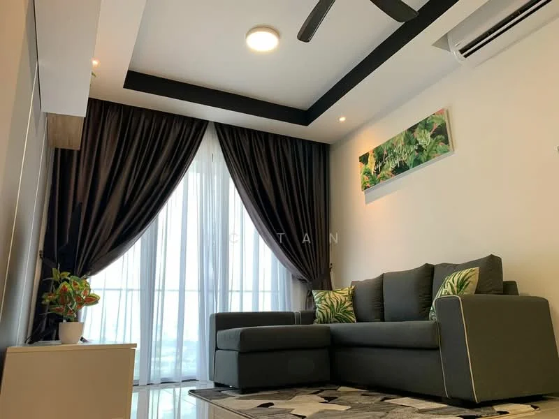 Living features: grey fabric sofa with green accent cushions, area rug with geometric pattern, floor-to-ceiling windows with sheer curtains, black ceiling fan, recessed ceiling lights, wall-mounted artwork, white painted walls, polished tile flooring, air conditioning unit; style: modern; view: city.