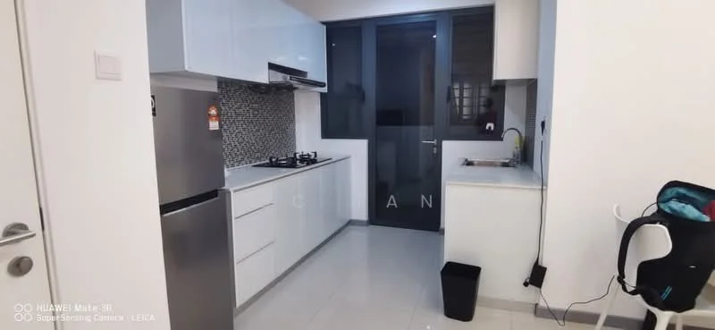 Kitchen features: white glossy cabinetry, stainless-steel fridge, built-in oven, 4-burner gas hob, black mosaic tile backsplash, white countertop, single-bowl stainless-steel sink, chrome pull-down faucet, window with black frame, grey tile flooring, recessed downlights; style: modern.