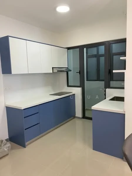 Kitchen features: blue and white cabinetry, white countertop, built-in stove, stainless-steel range hood, single-bowl stainless-steel sink, window with black frame, tile flooring, recessed ceiling lights; style: modern.