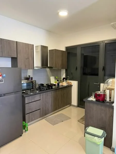 Kitchen features: grey laminate cabinetry, stainless-steel fridge, built-in oven, freestanding gas range oven, stainless-steel range hood, black countertop, ceramic tile flooring, recessed downlights, window with black frames, kitchen sink, microwave, kettle, toaster, decorative items on countertop; style: modern.