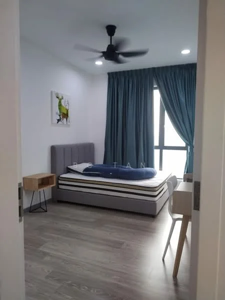 Bedroom features: queen-size bed with grey upholstered headboard, striped bedding, 2 bedside tables, 1 table lamp, wooden flooring, floor-to-ceiling window, blue curtains, 5-blade ceiling fan with light, wall-mounted artwork; style: modern.