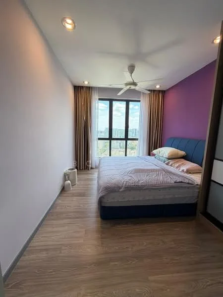Bedroom features: queen-size bed, upholstered headboard, 2 bedside lamps, floor-to-ceiling windows, sheer curtains, 5-blade ceiling fan, wooden flooring, purple accent wall, light grey painted walls; style: modern; view: city.