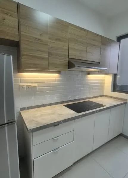 Kitchen features: wooden cabinetry, white lower cabinets, marble countertop, stainless-steel sink, chrome pull-down faucet, white subway tile backsplash, under-cabinet lighting, built-in oven, refrigerator, ceramic tile flooring; style: modern.