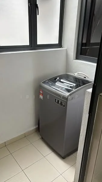 Laundry features: top-load washing machine in grey, white tiled walls, cream tiled flooring, window with black frame, plumbing connections visible, space for additional storage, light source from window.