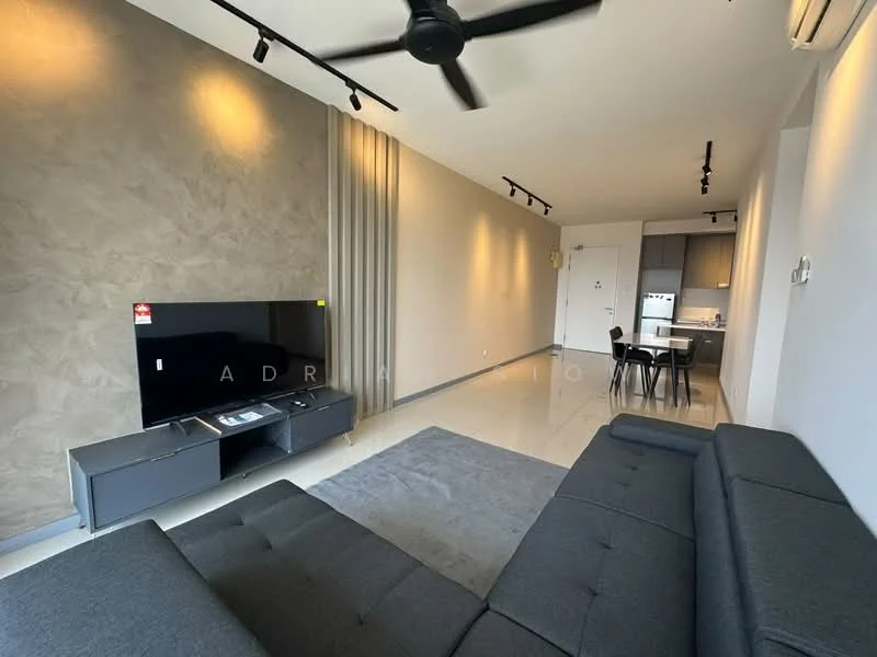 Living features: grey fabric sectional sofa, wall-mounted TV, TV console in black, recessed LED downlights, ceiling fan, cream painted walls, polished tile flooring, large windows with natural light, open layout to dining area, decorative wall with texture; style: modern.
