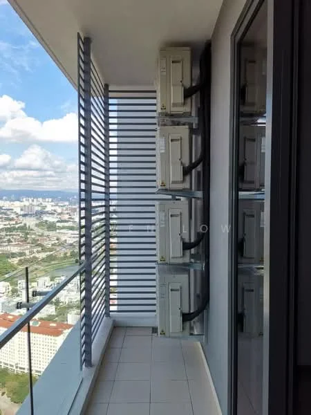 Room features: balcony, floor-to-ceiling windows, glass railing, tile flooring, 4 wall-mounted split AC units, city view, horizontal louvre screens; style: modern; view: city.