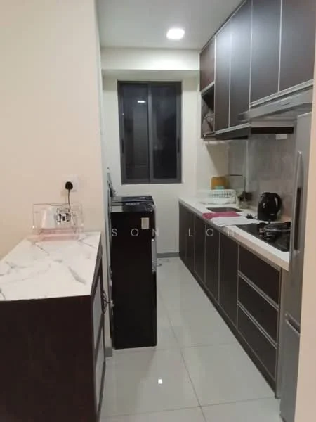 Kitchen features: dark wood cabinetry, white marble countertop, stainless-steel fridge, built-in oven, stainless-steel sink, chrome pull-down faucet, ceramic tile flooring, recessed downlights, window with grey frame, kitchen appliances, dish rack, countertop with storage; style: modern.