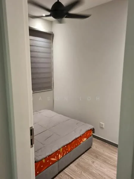Bedroom features: queen-size bed with grey bedding, wooden flooring, grey painted walls, ceiling fan, roller blinds on window, nightstand, light switch, door frame; style: modern.