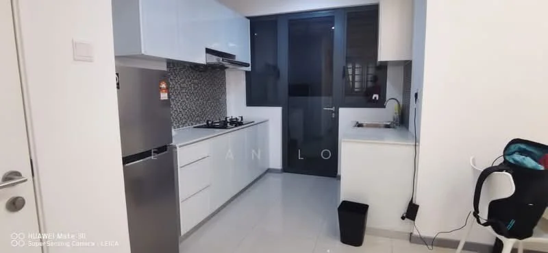 Kitchen features: white glossy cabinetry, grey mosaic tile backsplash, stainless-steel fridge, built-in oven, 4-burner gas hob, single-bowl stainless-steel sink, chrome pull-down faucet, white countertop, floor-to-ceiling windows, recessed downlights, ceramic tile flooring, waste bin, open shelving; style: modern.