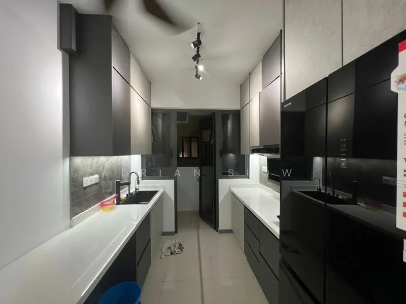 Kitchen features: black cabinetry, white quartz countertop, double-bowl stainless-steel sink, chrome pull-down faucet, built-in oven, stainless-steel fridge, ceramic tile flooring, recessed LED downlights, 5-blade ceiling fan, grey accent wall, open shelving, wall-mounted cabinets; style: modern.