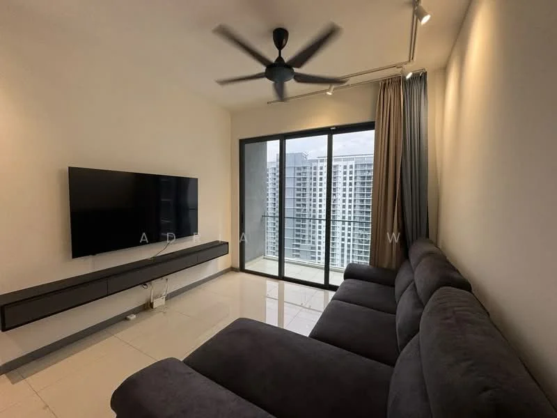 Living features: 3-seater fabric sofa in dark grey, wall-mounted flat-screen TV, TV console with storage, floor-to-ceiling windows, sliding glass door, curtains in light grey, recessed downlights, 5-blade ceiling fan, white painted walls, glossy tile flooring; style: modern; view: city.