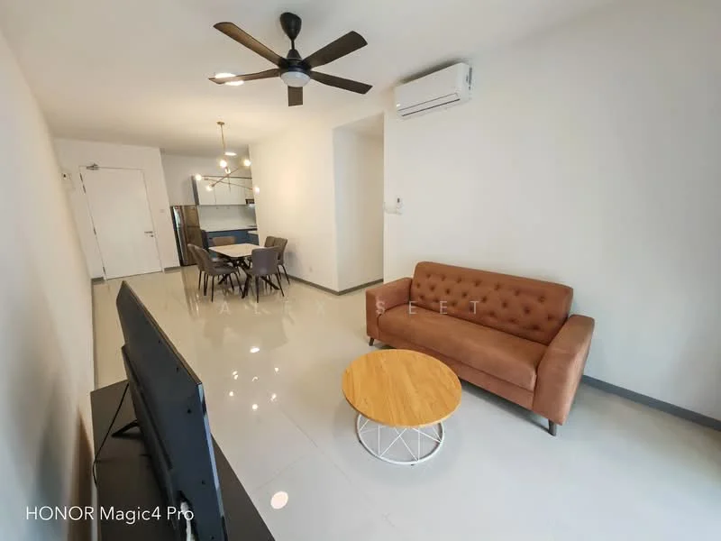 Living features: 3-seater leather sofa in brown, round wooden coffee table, wall-mounted TV, ceiling fan with light, recessed downlights, white painted walls, glossy tile flooring, air conditioning unit, dining table in background, open layout; style: modern.