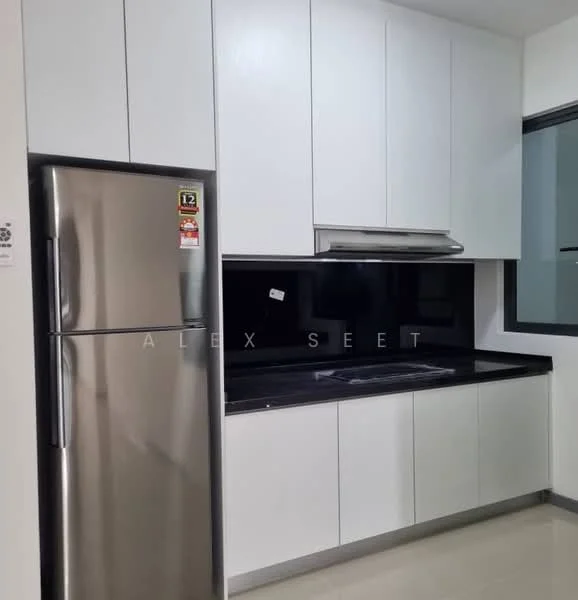 Kitchen features: stainless-steel fridge, black countertop, white cabinetry, built-in oven, glass cooktop, black backsplash, single-bowl stainless-steel sink, chrome pull-down faucet, wall-mounted range hood, tile flooring, recessed downlights; style: modern.