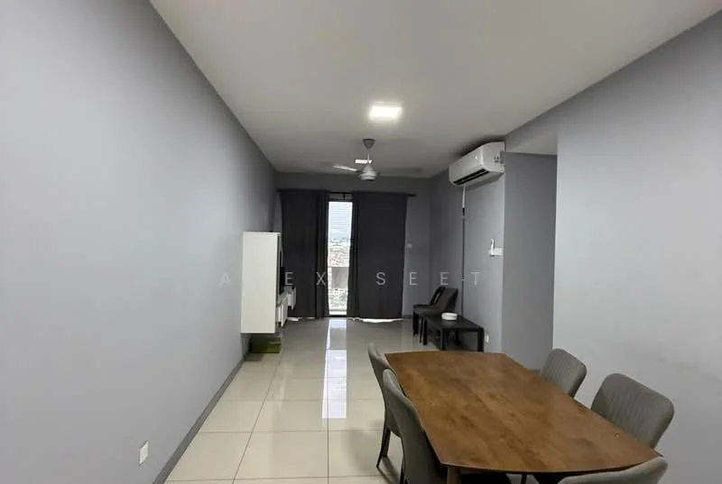 Dining features: dining table with wooden surface, 4 upholstered dining chairs, white painted walls, grey accent wall, tile flooring, 5-blade ceiling fan, wall-mounted air conditioning unit, sliding glass door, curtains, natural light from window; style: modern.