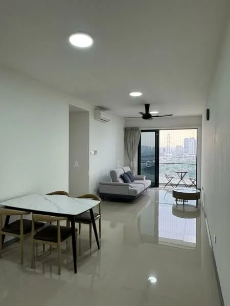 Living features: white painted walls, polished tile flooring, 5-blade ceiling fan with light, wall-mounted split AC, floor-to-ceiling windows, sliding glass door, curtains, sofa in light grey, coffee table, dining table with 4 chairs, balcony view; style: modern; view: city.