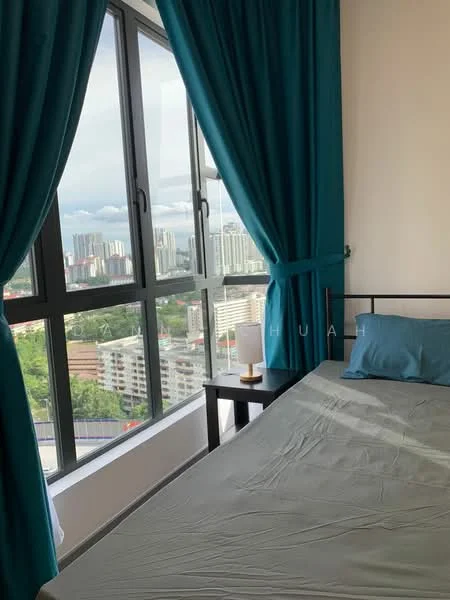 Bedroom features: floor-to-ceiling windows, city view, teal curtains, queen-size bed with grey bedding, nightstand, table lamp, light-colored walls, wooden flooring; style: modern; view: city.
