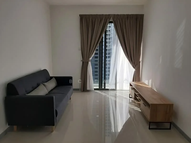 Living features: grey fabric sofa, wooden TV console, floor-to-ceiling windows, sheer curtains, white painted walls, glossy tile flooring, natural light from windows, neutral color palette; style: modern; view: city.