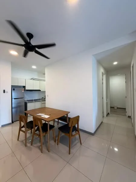 Dining features: 4-seater wooden dining table, black upholstered dining chairs, white painted walls, glossy ceramic tile flooring, ceiling fan with 5 blades, recessed LED downlights, stainless-steel fridge, kitchen cabinetry visible in background; style: modern. Hallway features: white painted walls, glossy ceramic tile flooring, doorway leading to bathroom, doorway leading to kitchen.