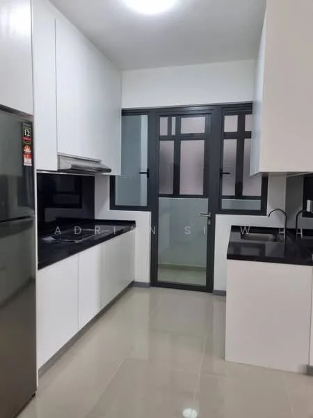 Kitchen features: black granite countertop, white flat-panel cabinets, stainless-steel fridge, built-in stainless-steel oven, black backsplash, single-bowl stainless-steel sink, chrome pull-down faucet, ceramic tile flooring, recessed LED downlights, window with black frame, sliding glass door, wall-mounted range hood; style: modern.