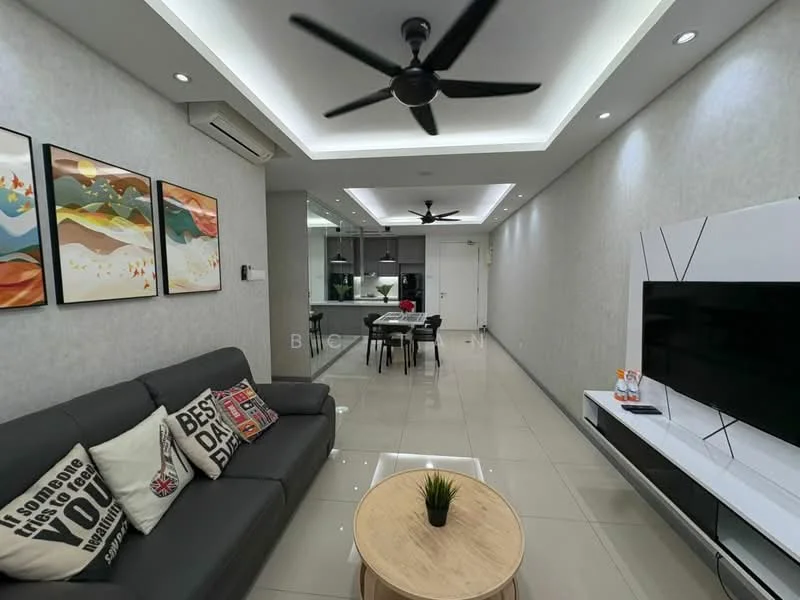 Living features: 3-seater fabric sofa in grey, coffee table, wall-mounted TV, TV console in white, recessed downlights, 5-blade ceiling fan, cream painted walls, glossy tile flooring, decorative artwork on walls, air conditioning unit; style: modern. Kitchen features: open-plan kitchen, kitchen island, stainless-steel appliances, white cabinetry, black countertop, recessed lighting; style: modern.