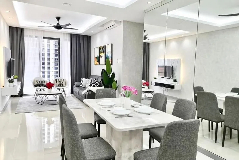 Living features: grey fabric sofa, black and white decorative cushions, coffee table with geometric design, floor-to-ceiling windows, sheer curtains, recessed downlights, 5-blade ceiling fan, wall-mounted TV, decorative wall art, mirrored wall, marble flooring; style: modern; view: city. Dining features: white marble dining table, 4 grey upholstered dining chairs, decorative plant, table setting with plates and cutlery; style: modern.