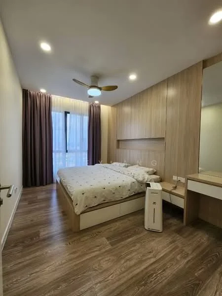Bedroom features: queen-size bed with patterned bedding, wooden headboard, built-in wardrobe with sliding doors, study desk with mirror, ceiling fan with light, laminate flooring, white painted walls, floor-to-ceiling window with sheer curtains, air purifier, nightstand with electrical outlets; style: modern; view: city.