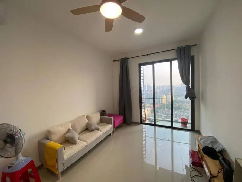 Living features: white painted walls, polished tile flooring, 5-blade ceiling fan with light, floor-to-ceiling windows, grey curtains, sofa with beige upholstery, pink accent chair, small side table, fan, view of city skyline; style: modern; view: city.