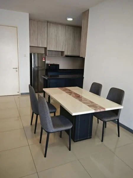 Dining features: rectangular dining table with marble top, 4 upholstered dining chairs in grey, kitchen cabinetry with wood finish, stainless-steel fridge, black countertop, wall-mounted light fixture, cream painted walls, glossy tile flooring; style: modern. Kitchen features: kitchen cabinetry with wood finish, black countertop, stainless-steel fridge; style: modern.